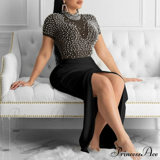 Slit Tulle Night Sexy with - Party Sleeves Gown Patchwork Transparent - Beaded for Warm-Season Outfit Brief Women black