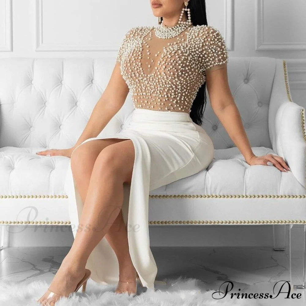 Slit Tulle Night Sexy with - Party Sleeves Gown Patchwork Transparent - Beaded for Warm-Season Outfit Brief Women white