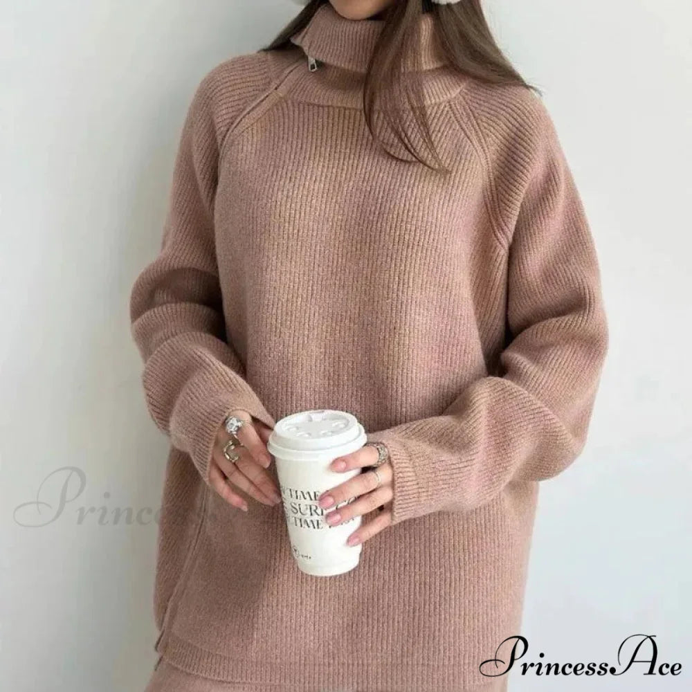 Slow Collar Zip Sweater Khaki / One Size swraters-241228