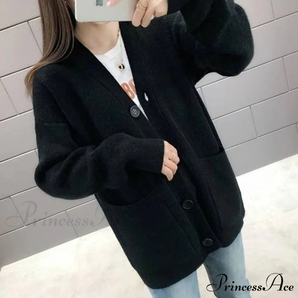 Sluggish Breeze Gold Solo-Buttoned Knitted Cardigan Black / One Size cardiagn-250126