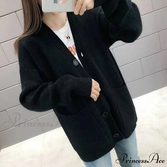 Sluggish Breeze Gold Solo-Buttoned Knitted Cardigan Black / One Size cardiagn-250126