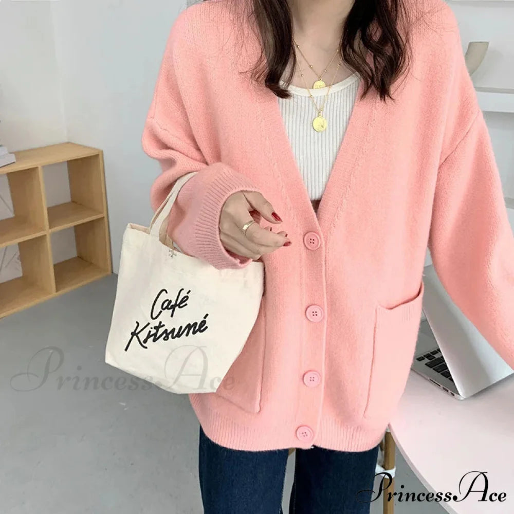 Sluggish Breeze Gold Solo-Buttoned Knitted Cardigan Pink / One Size cardiagn-250126