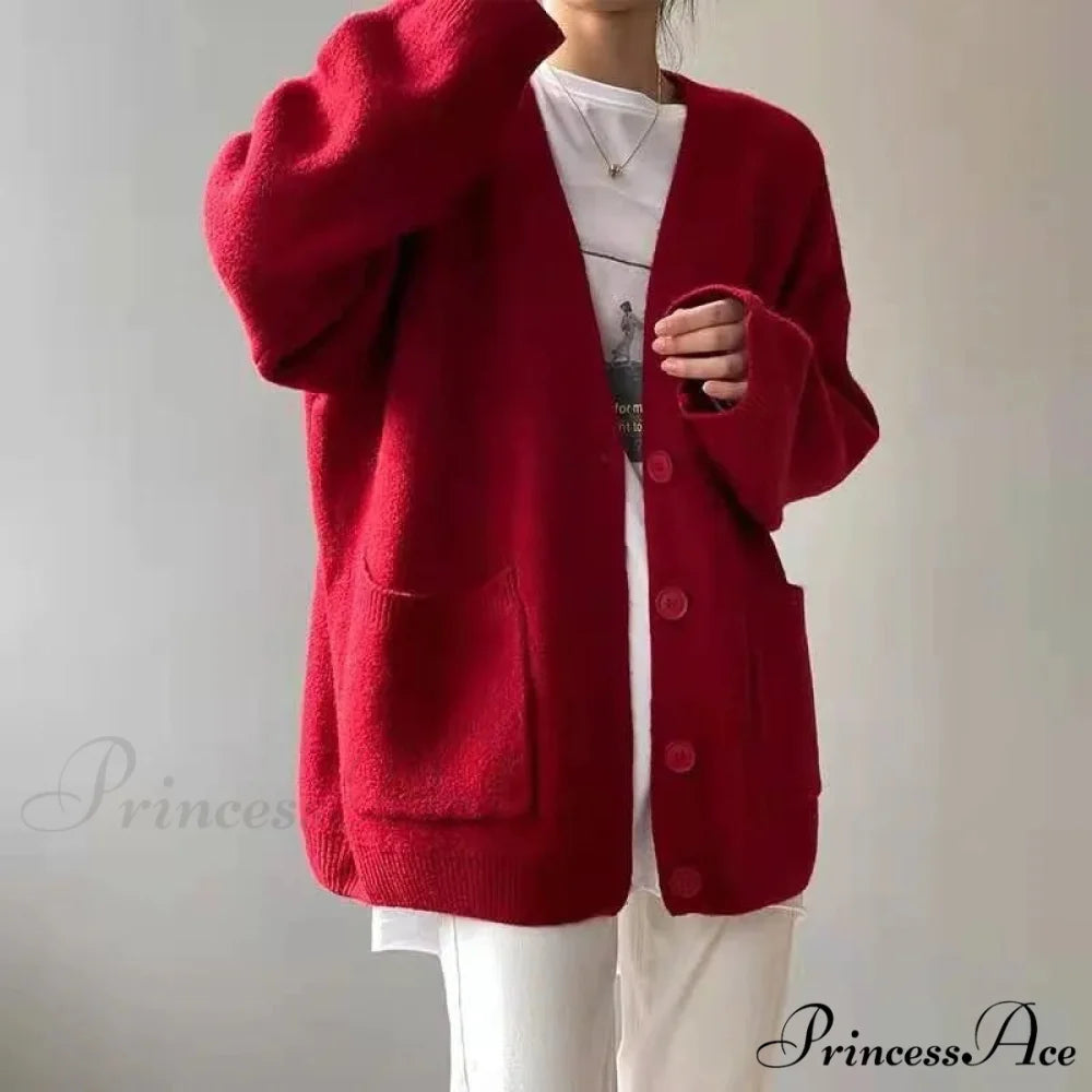 Sluggish Breeze Gold Solo-Buttoned Knitted Cardigan Red / One Size cardiagn-250126