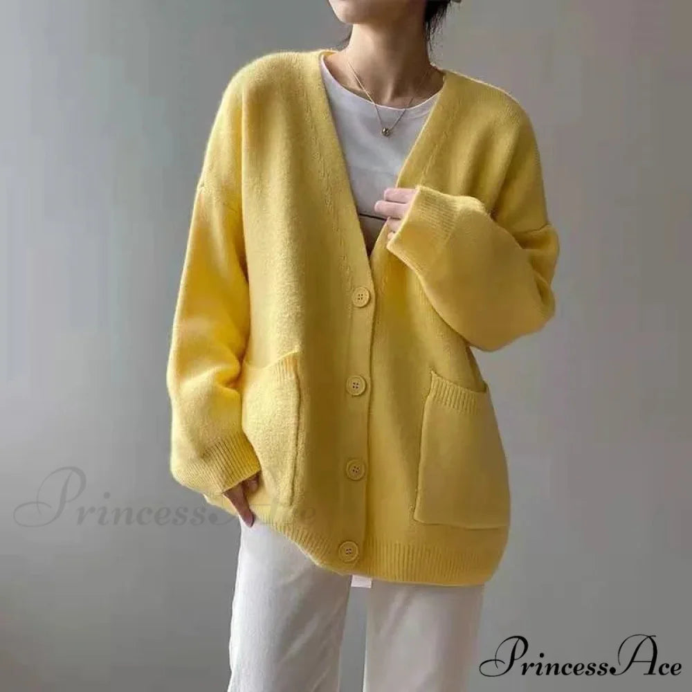 Sluggish Breeze Gold Solo-Buttoned Knitted Cardigan Yellow / One Size cardiagn-250126
