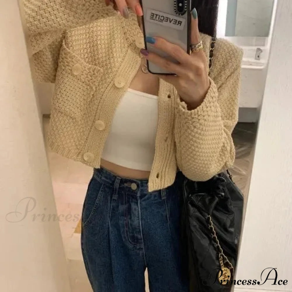 Small Cropped Solid O-Neck Knit Cardigan Apricot / One Size cardiagn-250126