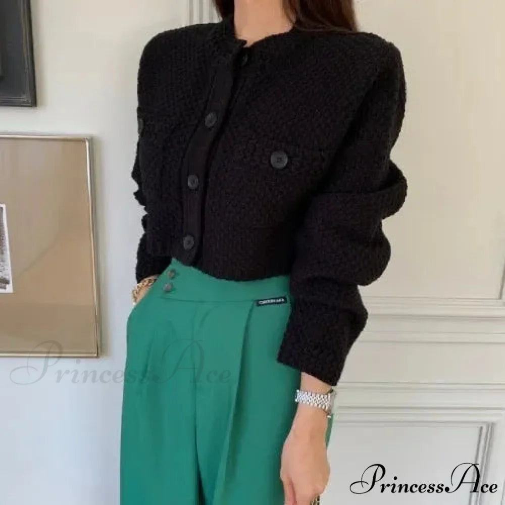 Small Cropped Solid O-Neck Knit Cardigan Black / One Size cardiagn-250126