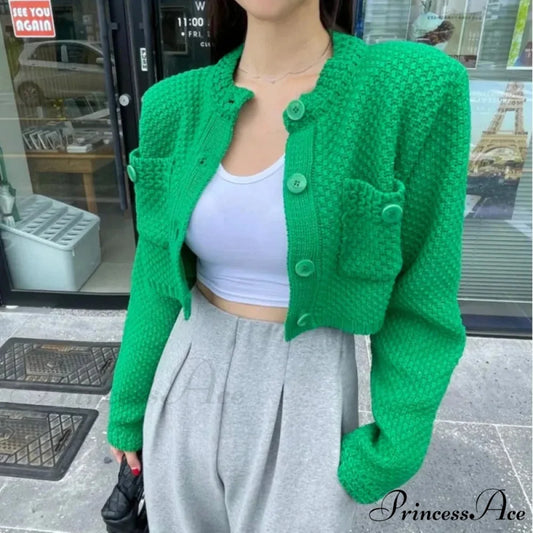 Small Cropped Solid O-Neck Knit Cardigan cardiagn-250126