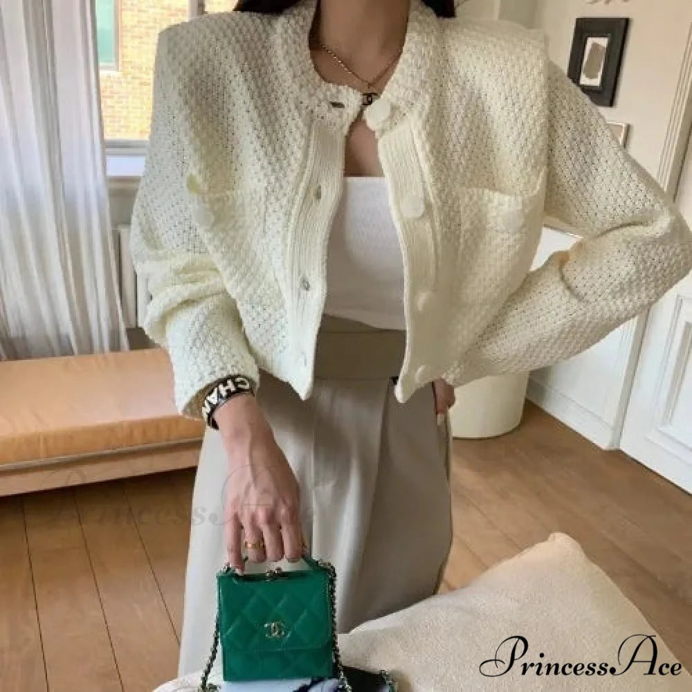 Small Cropped Solid O-Neck Knit Cardigan White / One Size cardiagn-250126