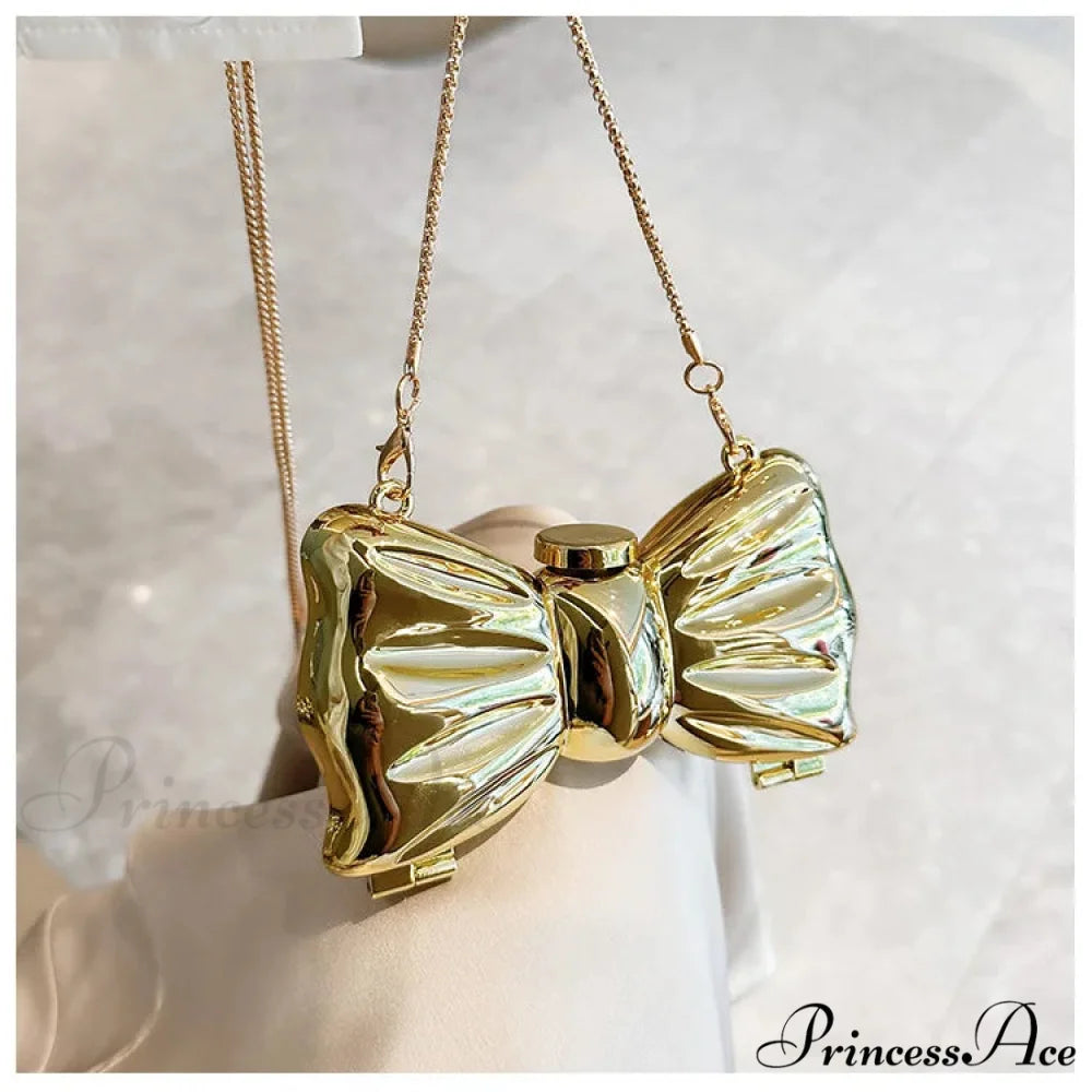 Small Night Bow Metal Crossbody Purse Celebration Marriage Handbag Golden clutchbag-250126