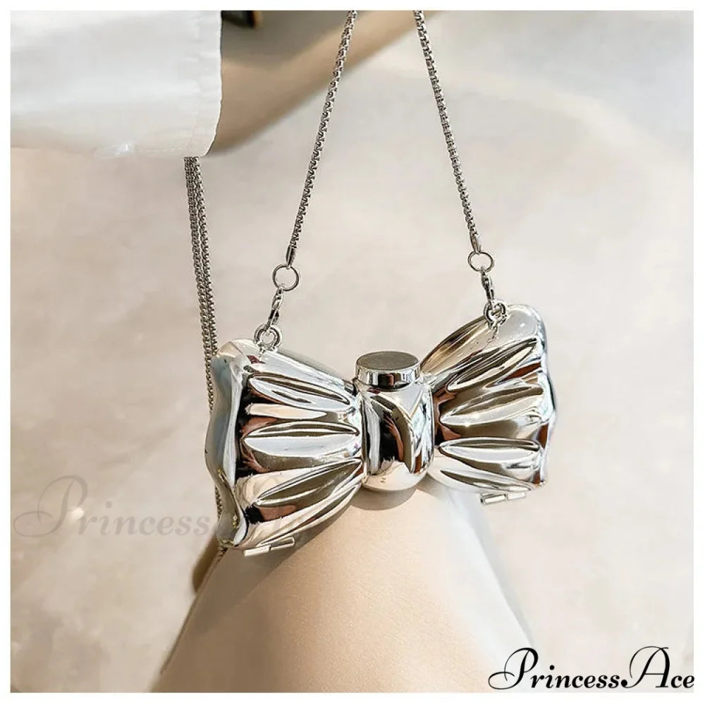 Small Night Bow Metal Crossbody Purse Celebration Marriage Handbag Silvery clutchbag-250126