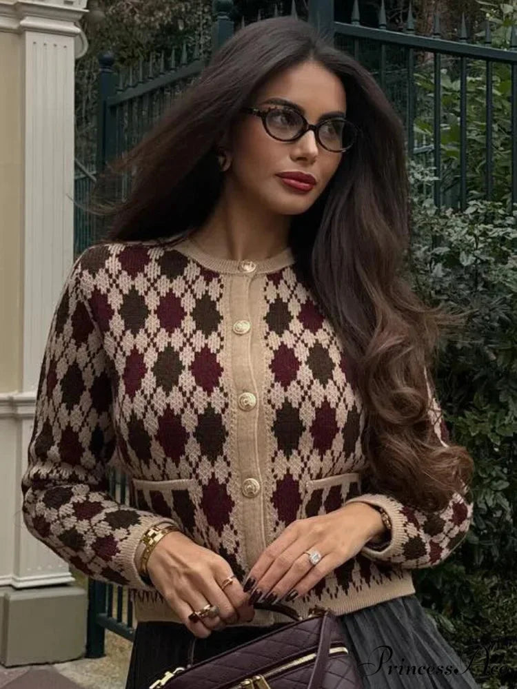 Small Printed Round-neck Short Cardigan cardigans-241228