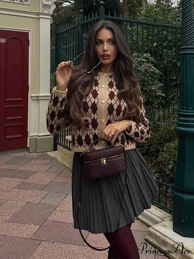 Small Printed Round-neck Short Cardigan Khaki / S cardigans-241228