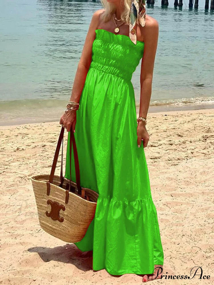 Smocked Bust Off Charming Shoulder Vacation Maxi Dress Green / S