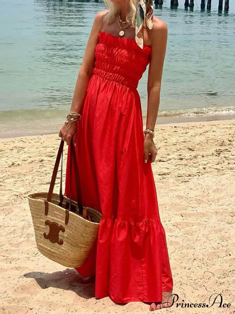 Smocked Bust Off Charming Shoulder Vacation Maxi Dress Red / S