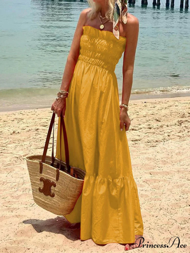 Smocked Bust Off Charming Shoulder Vacation Maxi Dress Yellow / S