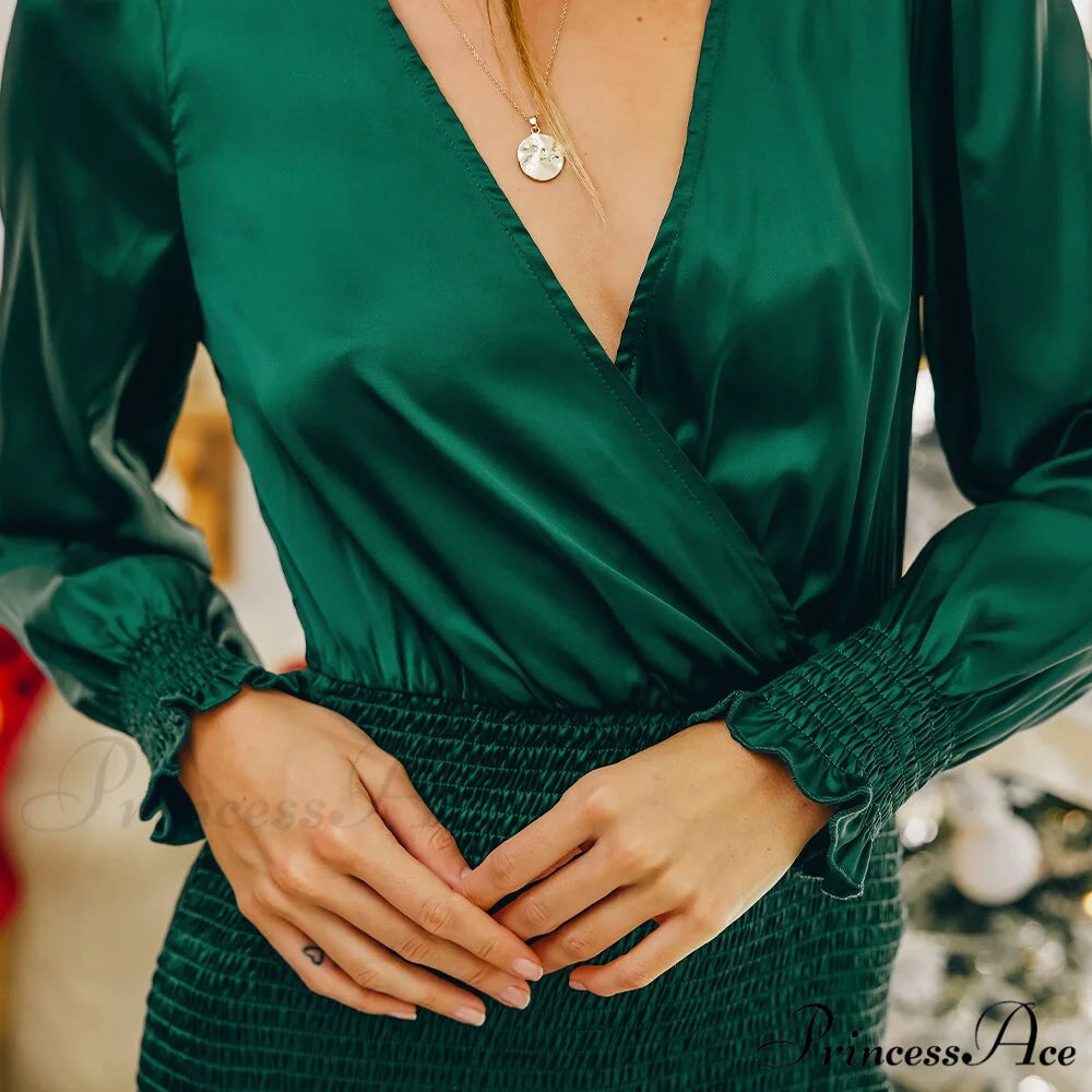 Smocked Lettuce-Edge Green Satin Mini Dress Green / XL