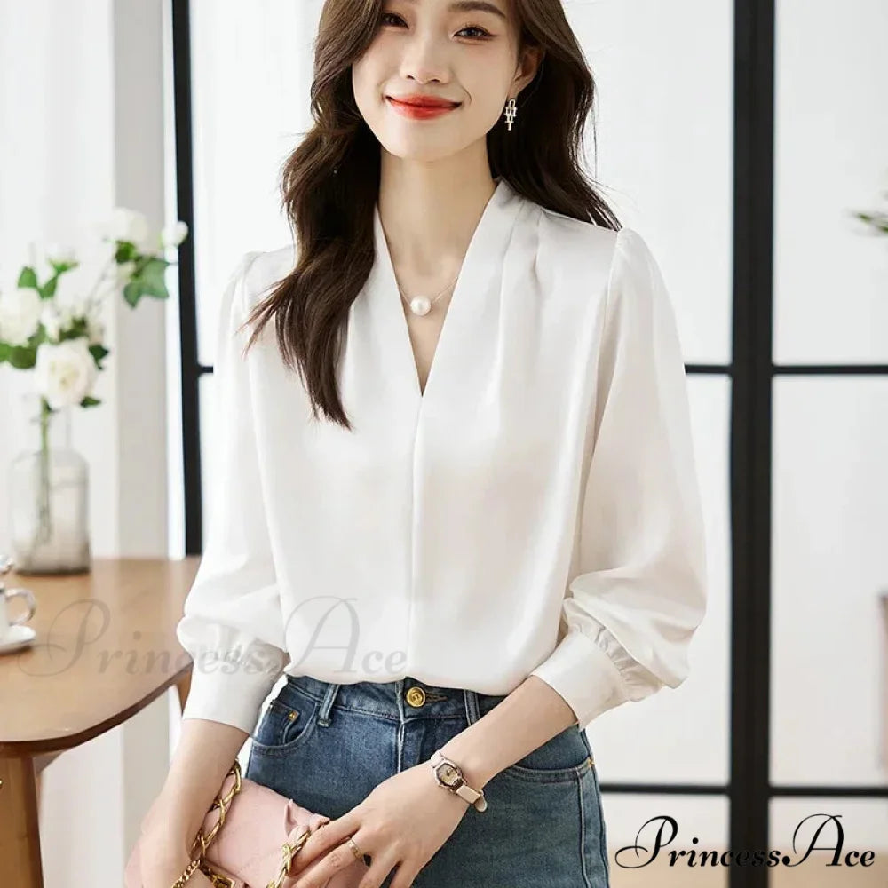 Smooth Chiffon V-neck Gentle Casual Blouse for Office blouse-250126