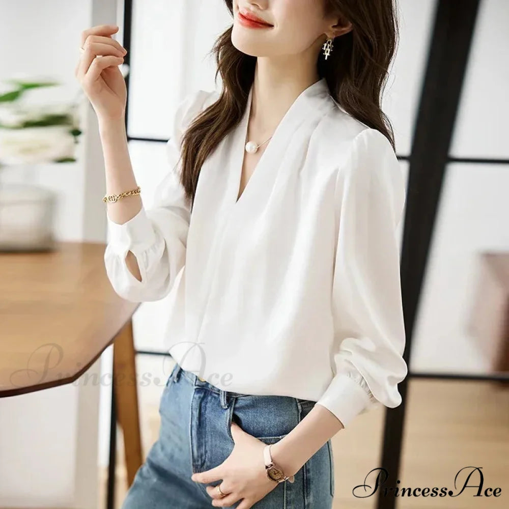 Smooth Chiffon V-neck Gentle Casual Blouse for Office blouse-250126