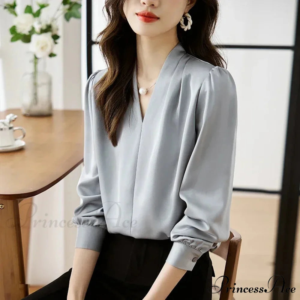 Smooth Chiffon V-neck Gentle Casual Blouse for Office blouse-250126
