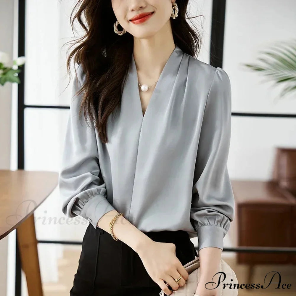 Smooth Chiffon V-neck Gentle Casual Blouse for Office blouse-250126
