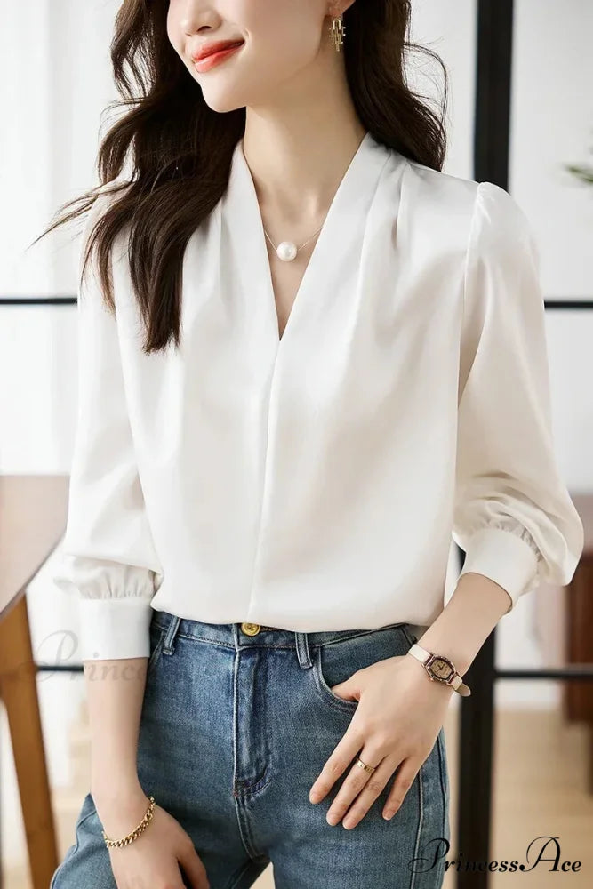 Smooth Chiffon V-neck Gentle Casual Blouse for Office White / S blouse-250126