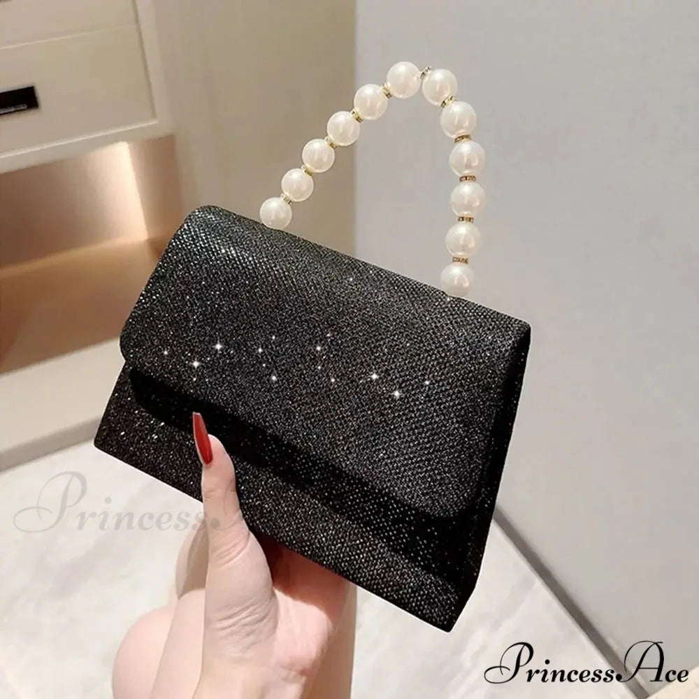 Smooth Evening Clutch Golden Pearl Chain Purse Black clutchbag-250126