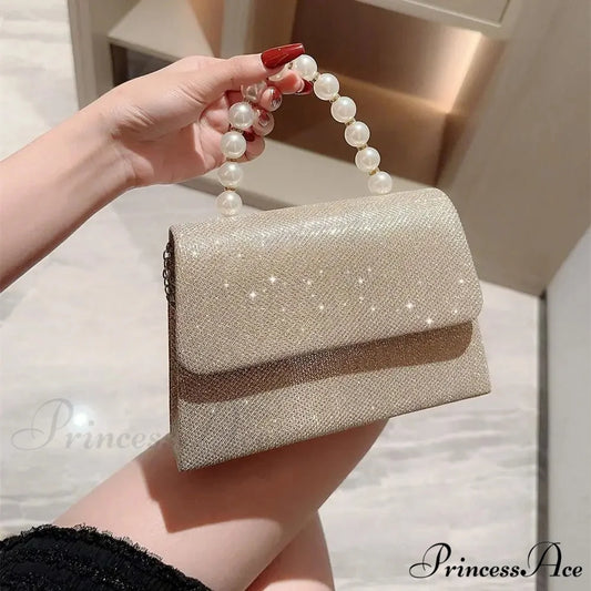 Smooth Evening Clutch Golden Pearl Chain Purse Gold clutchbag-250126