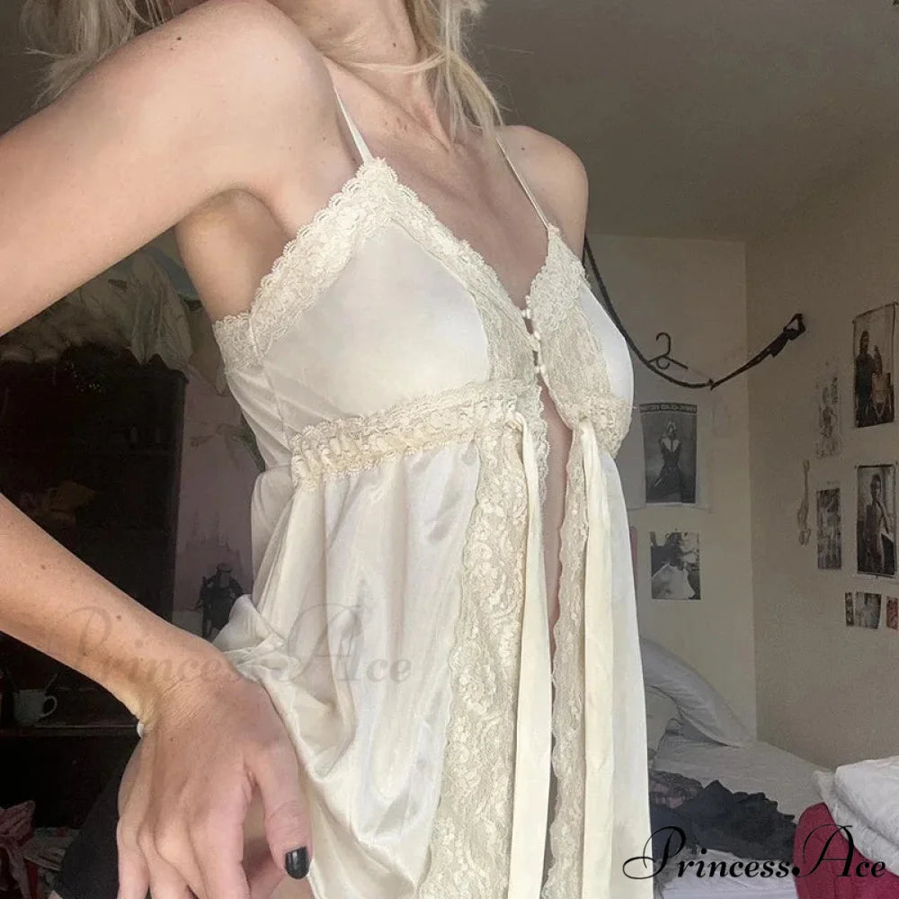 Smooth Lace Patchwork Fairycore Front Tie-Up Button Coquette Sleeveless Crop Top croptop-250126