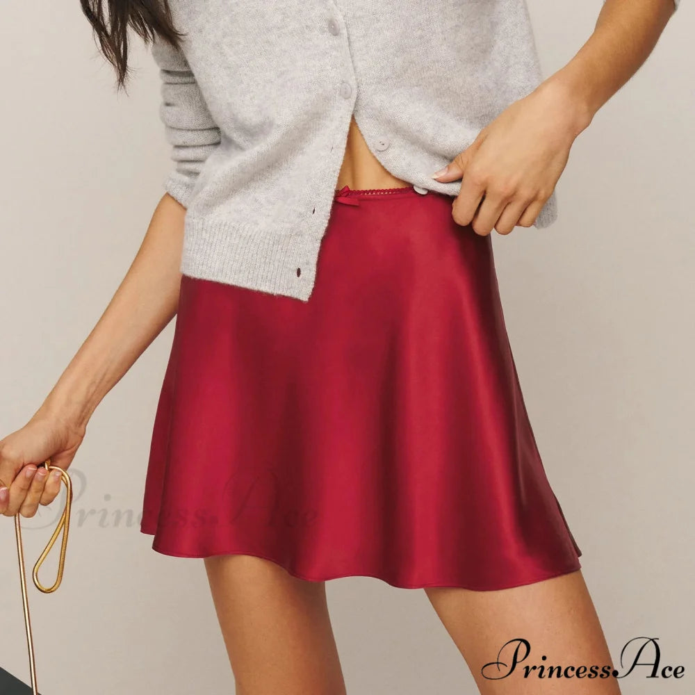 Smooth Lace Ribbon Flared Skirt Claret / S skirts-250223