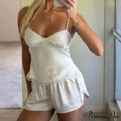 Smooth Lace Trim V Neck Crop Top Camis Shorts Two Pieces Set twopiecesset-250126