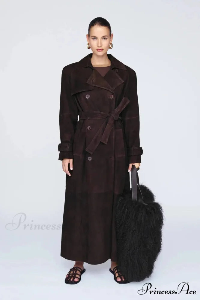 Smooth Leather Brown Belted Overcoat Dark brown / S overcoats-241228