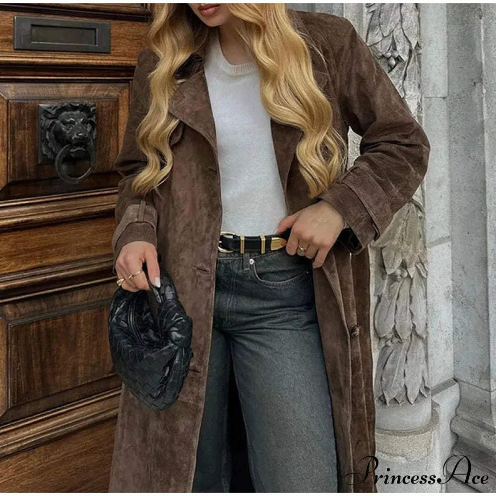 Smooth Leather Brown Belted Overcoat overcoats-241228