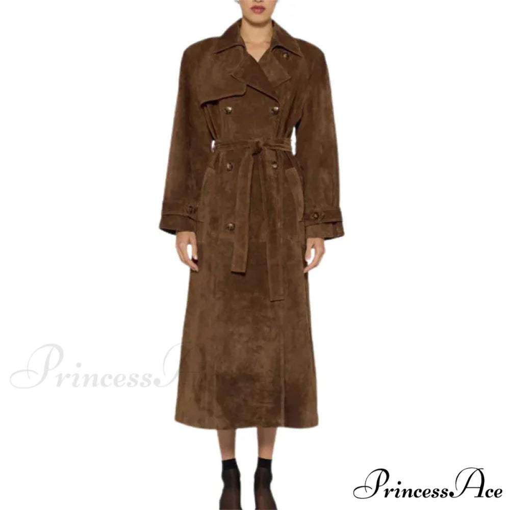 Smooth Leather Brown Belted Overcoat overcoats-241228