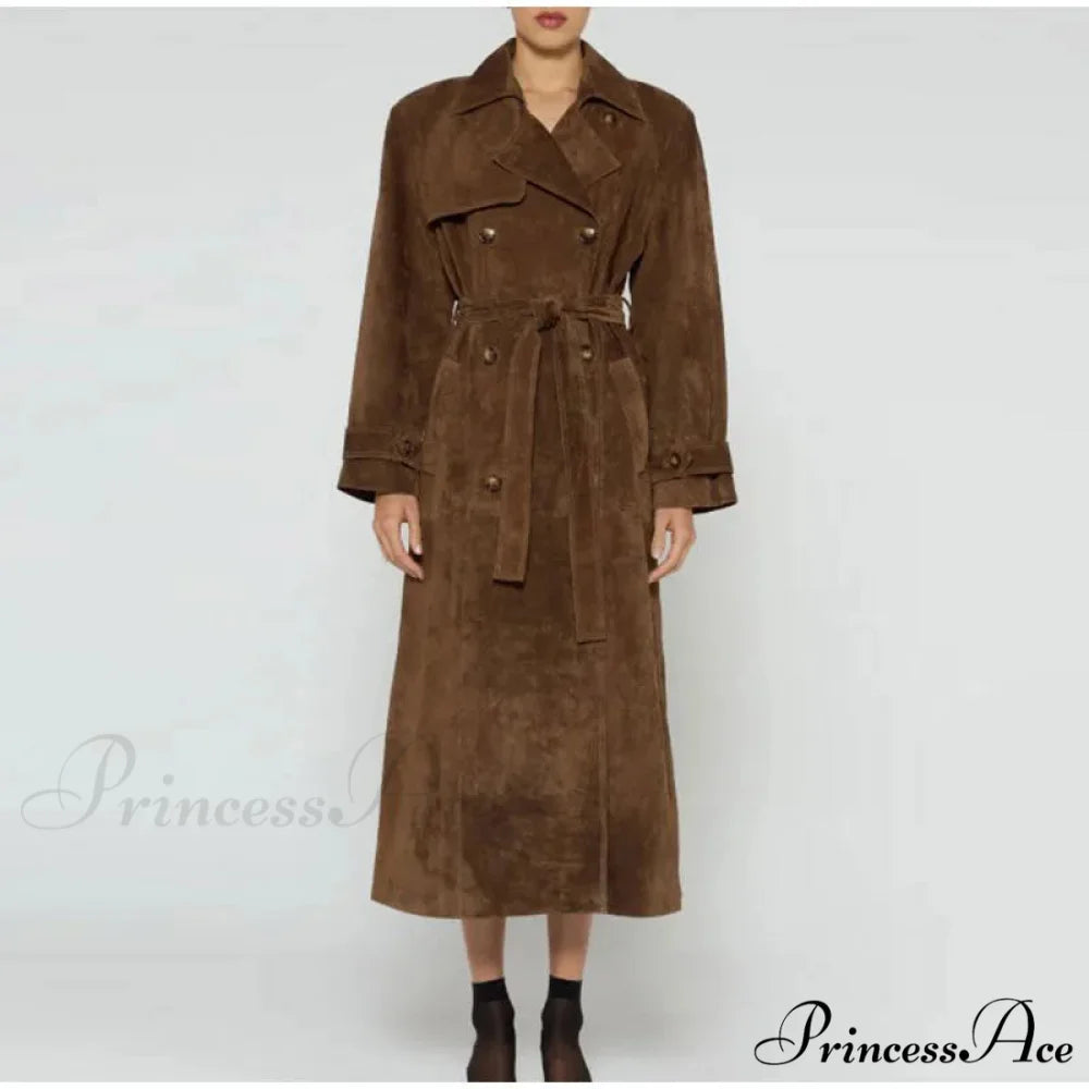 Smooth Leather Brown Belted Overcoat Brown / S overcoats-241228