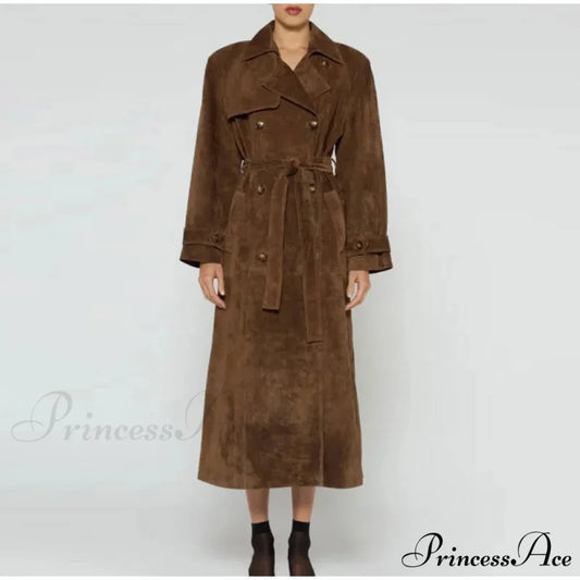 Smooth Leather Brown Belted Overcoat Brown / S overcoats-241228