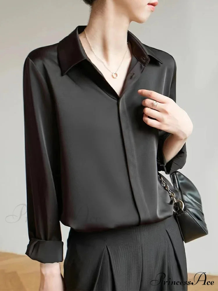 Smooth Long Sleeve French Style Office Lady Blouse Black / S blouse-250126