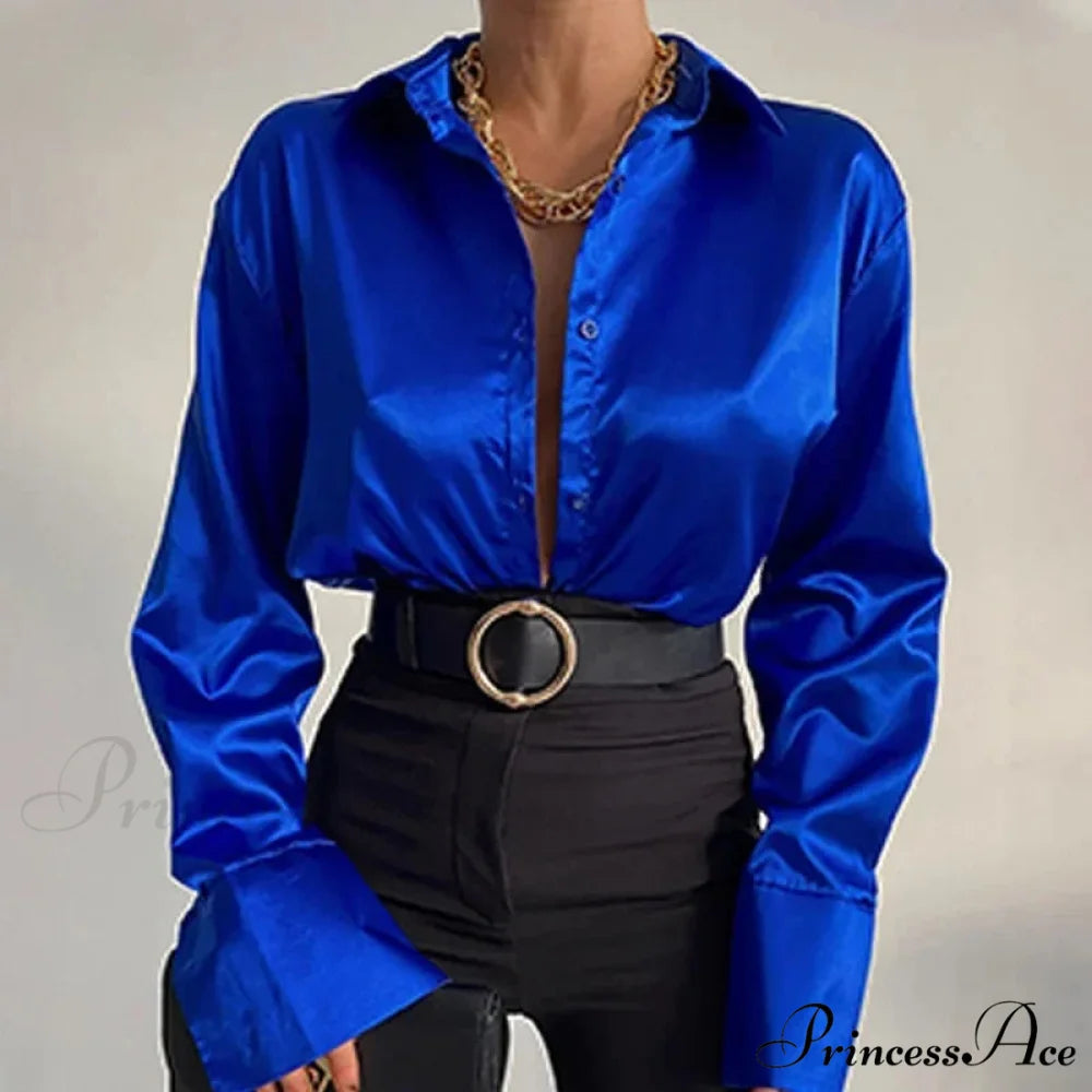 Smooth Long Sleeve Retro Azure Blouse Blue / S blouse-250223