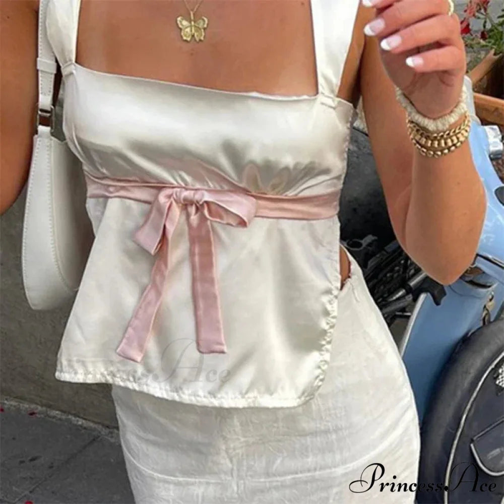 Smooth Ribbon Tie Milkmaid Open-Back Crop Top pink / S croptop-250126