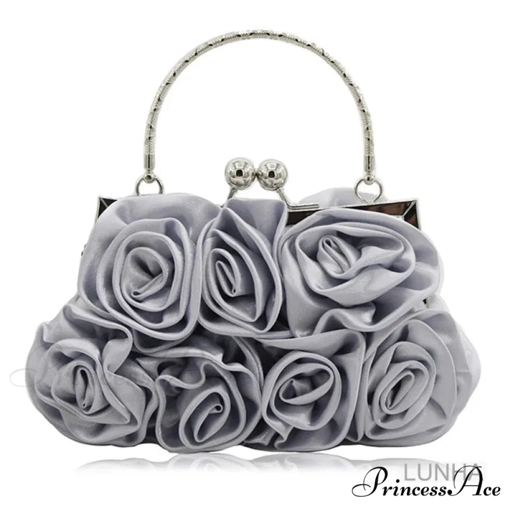 Smooth Rose Flower Frame Dinner Clutch Bag Silver clutchbag-250126