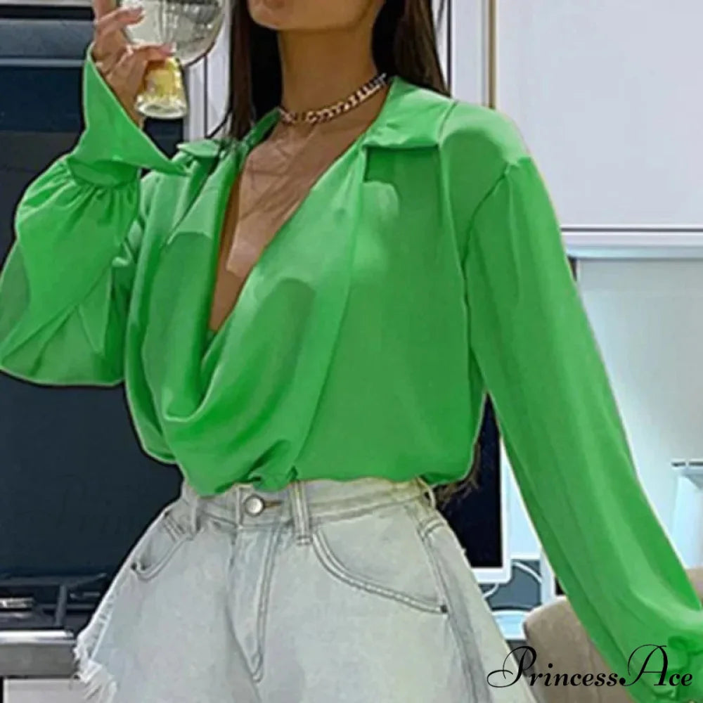 Smooth Silk Baggy Informal Satin Extended Sleeve Blouse Green / S blouse-250126