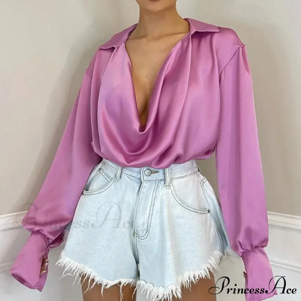 Smooth Silk Baggy Informal Satin Extended Sleeve Blouse Pink / S blouse-250126