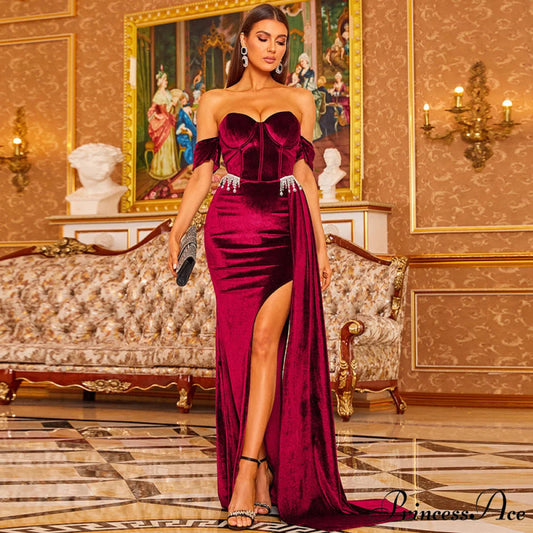 Smooth Single Shoulder Opening Full Length Prom Dress red / S promdress-250223