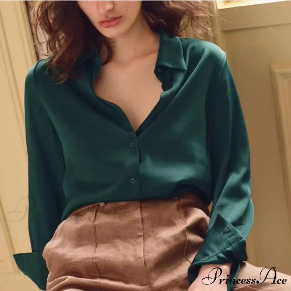 Smooth Solid Extended Sleeve Turtleneck Blouse Dark Green / S blouse-250223