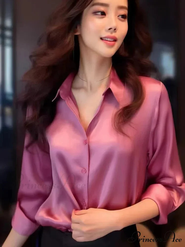 Smooth Solid Extended Sleeve Turtleneck Blouse Rose Red / S blouse-250223