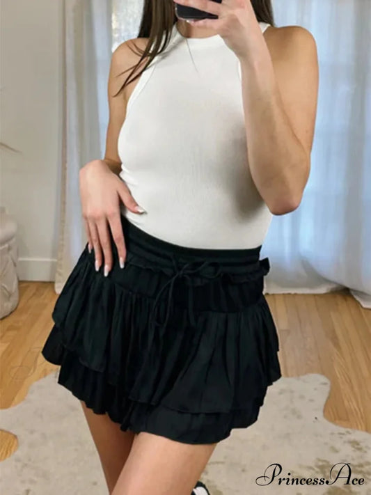 Smooth Tiered Flared Pleated Skirt Black / S skirts-250223