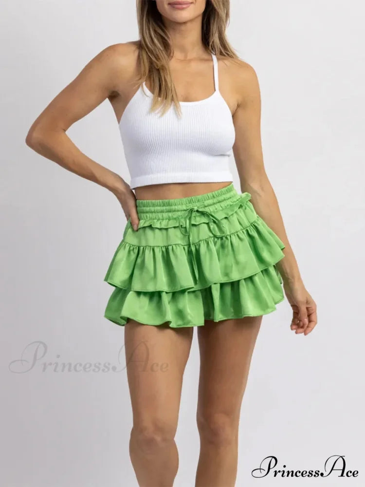 Smooth Tiered Flared Pleated Skirt Green / S skirts-250223