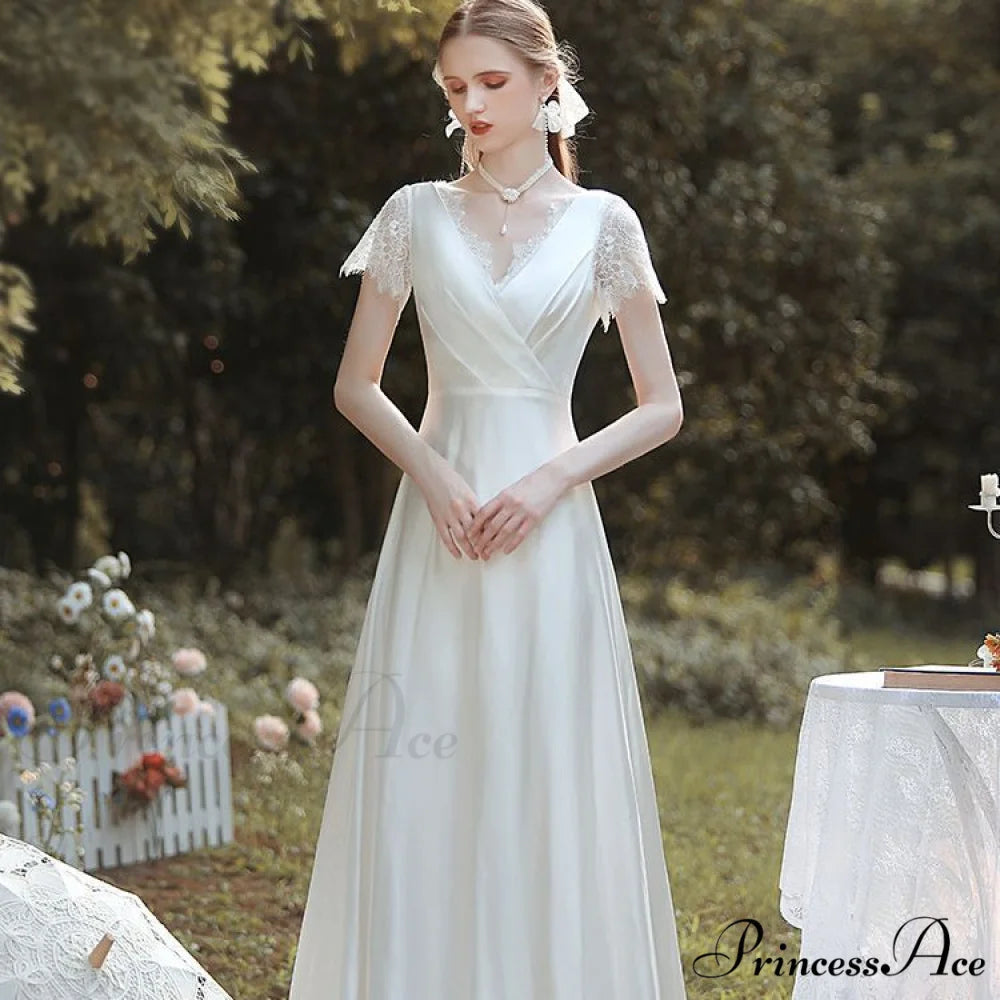 Smooth V-Neck Lace Wedding Gown weddingdress-250223