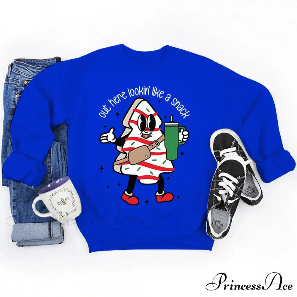 Snack Print Round Neck Christmas Hoodie - Casual Long Sleeve Blue / S Christmas Hoodies-L