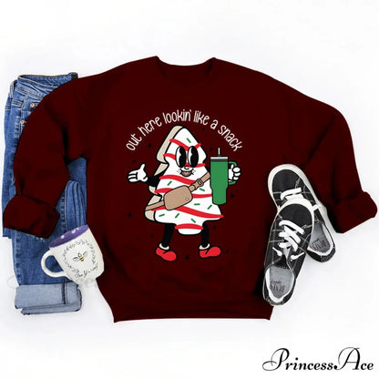 Snack Print Round Neck Christmas Hoodie - Casual Long Sleeve Burgundy / S Christmas Hoodies-L