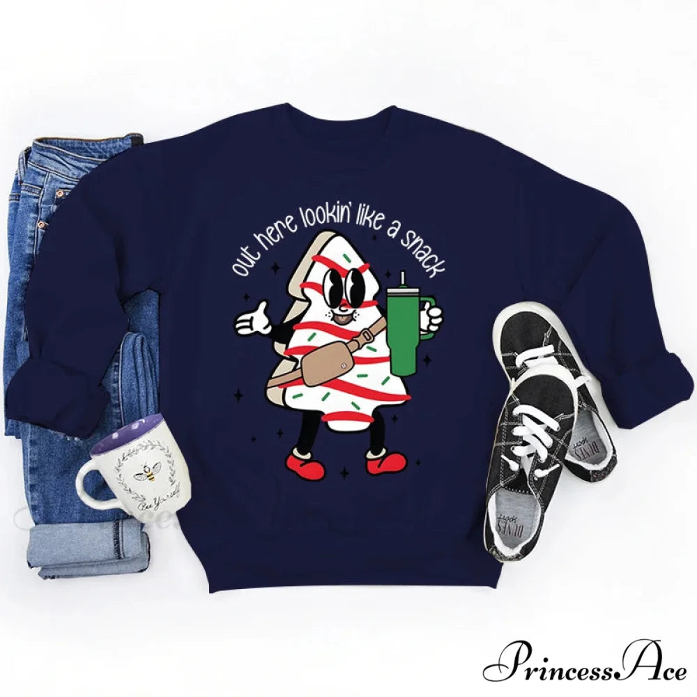 Snack Print Round Neck Christmas Hoodie - Casual Long Sleeve DEEP BLUE / S Christmas Hoodies-L